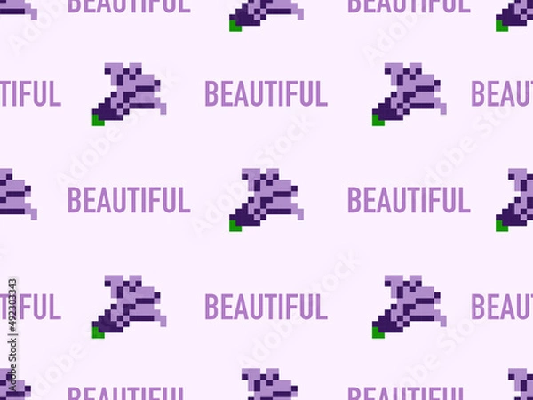 Fototapeta Flower cartoon character seamless pattern on purlpe background.Pixel style