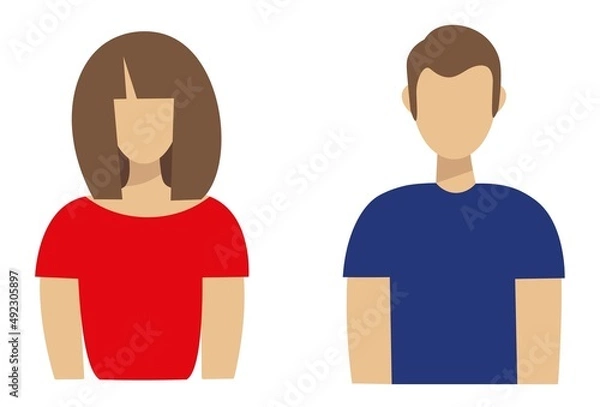 Fototapeta Two icons - a man and a woman. A girl in a red t-shirt, a guy in blue. Avatar in a minimalist style. Flat vector illustration isolated on transparent background. Target audience symbols.
