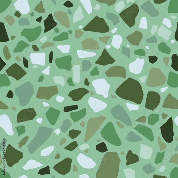 Fototapeta Texture of Terrazzo Floor. Tile with pebbles and stone. Abstract green mosaic, seamless pattern. Vector background.