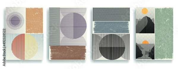 Fototapeta Modern wallpaper with minimalist design elements . Botanical art. Backgrounds in Boho style  . Wall art , home deco . Contemporary posters with leaves and geometric shapes .Vector abstract wallpaper.