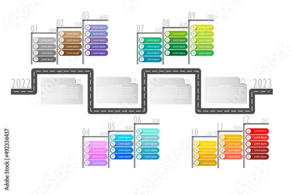 Fototapeta Modern business horizontal timeline process chart infographics template. Vector banner used for presentation. Abstract elements of graphic weekly plan. Vector EPS10