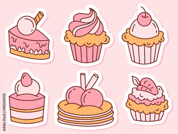 Fototapeta A set of stickers cakes with cream and berries, sweets. Doodle illustration isolated on white background.	