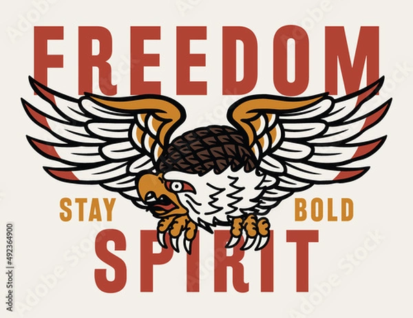 Fototapeta Tattoo Style Wings Open Eagle Illustration with A Slogan Artwork on White Background For Apparel and Other Uses