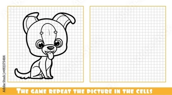 Fototapeta Cute cartoon puppy outlined the game repeat the picture in the cells