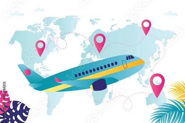 Fototapeta World map with destination points in different countries. Airplane makes international flights