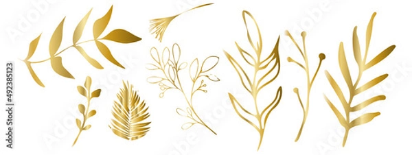 Obraz Vector plants and grasses in gold style with shiny effects. Minimalist style. Hand drawn plants. With leaves and organic shapes. For your own design.