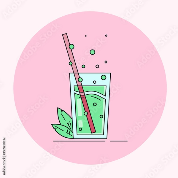 Fototapeta 
Glass cup with carbonated lemonade, straw and mint leaves. Bright, cartoon, flat vector illustration isolated on pink background