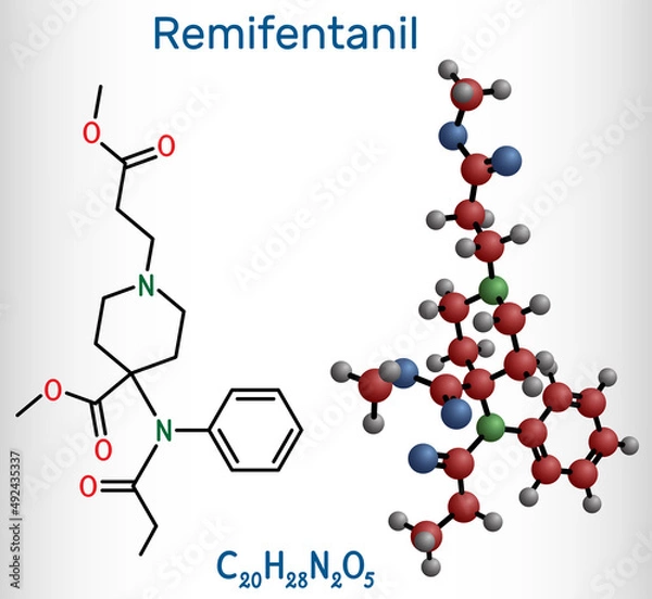 Fototapeta Remifentanil molecule. It is opioid analgesic used in anesthesia. Structural chemical formula and molecule model
