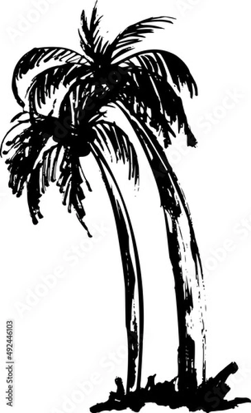 Obraz Two Grunge palm trees silhouettes, tropic graphic ink illustration