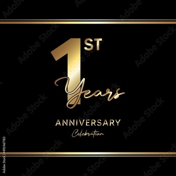 Fototapeta 1 year anniversary celebration. Anniversary logo with golden color isolated on black background, vector design for celebration, invitation card, greeting card, and banner