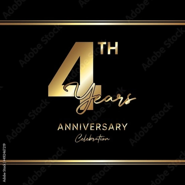 Fototapeta 4 years anniversary celebration. Anniversary logo with golden color isolated on black background, vector design for celebration, invitation card, greeting card, and banner