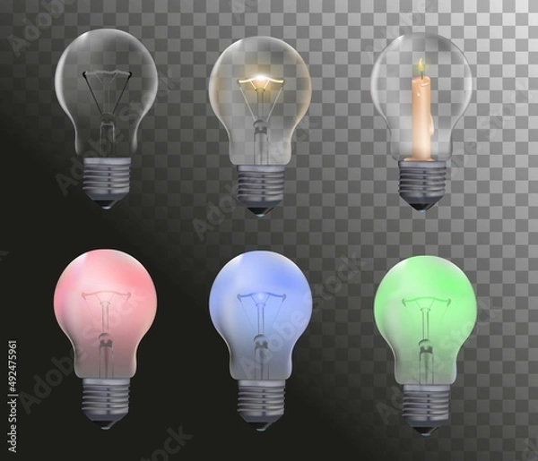 Obraz Realistic Light Bulbs Set. Light bulbs On And Off. Six Bulbs With Different Elements And Lights