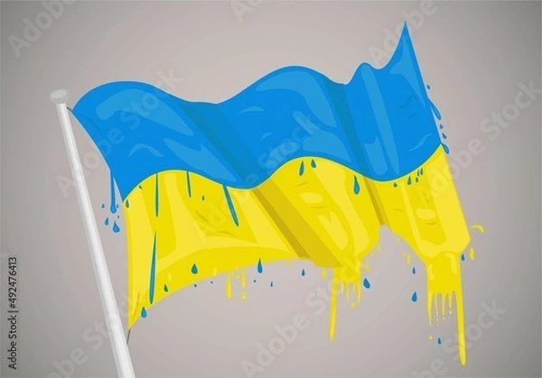 Obraz Ukrainian Flag With Paint Dripping. Ukrainian Flag Under Attack