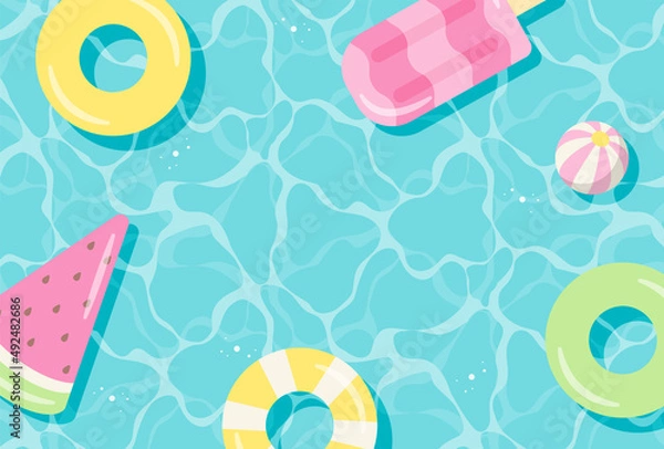 Fototapeta summer vector background with pool floats in water for banners, cards, flyers, social media wallpapers, etc.