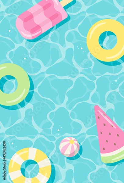 Fototapeta summer vector background with pool floats in water for banners, cards, flyers, social media wallpapers, etc.