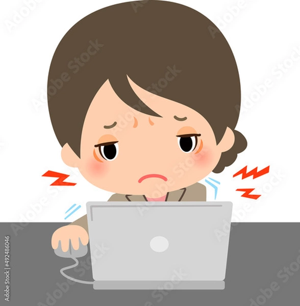 Fototapeta 偏った姿勢でパソコンを使うスーツの女性