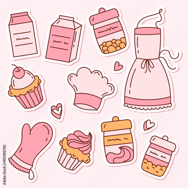 Fototapeta A set of stickers kitchen,cooking, baking. Cream cakes, apron and jars. Doodles isolated on a white background.