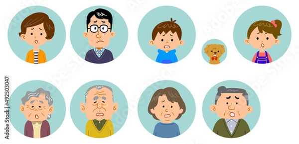 Fototapeta 四世代家族の上半身　困った表情のアイコン
