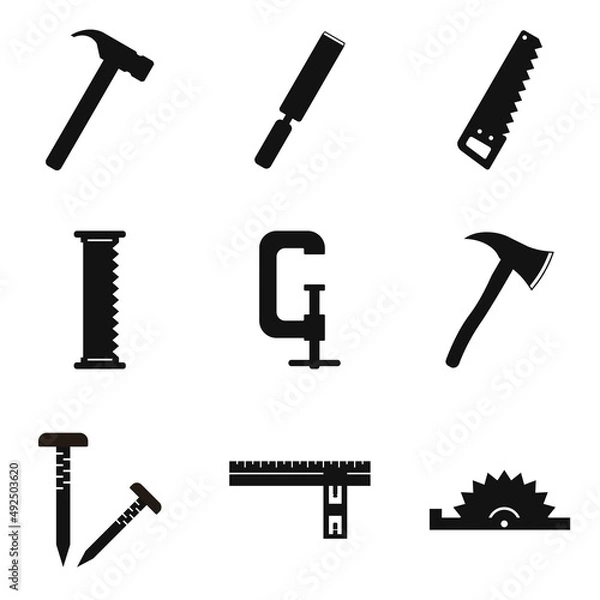 Fototapeta Simple Set of carpenter wood shop. Contains such Icons as hammer, chisel, saw, axe, clamp, wooden ruler, and more. Vector icon graphic design template.