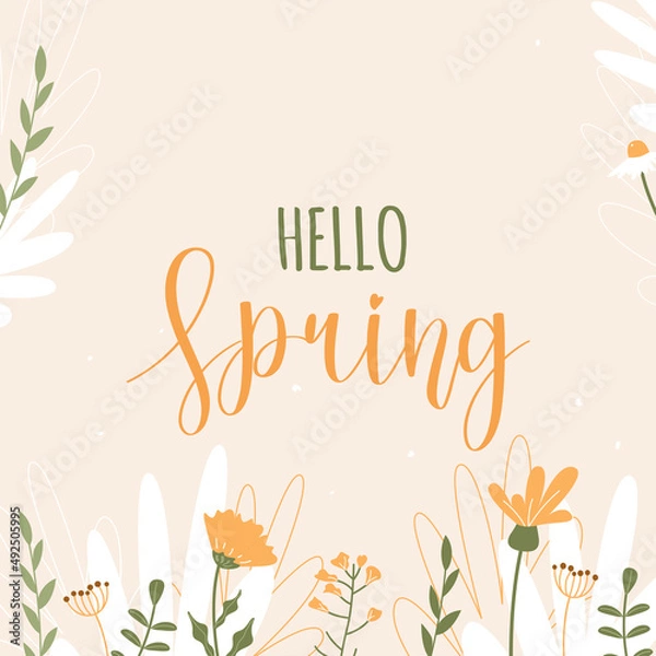 Fototapeta Hello spring. Cream banner with yellow and white spring flowers