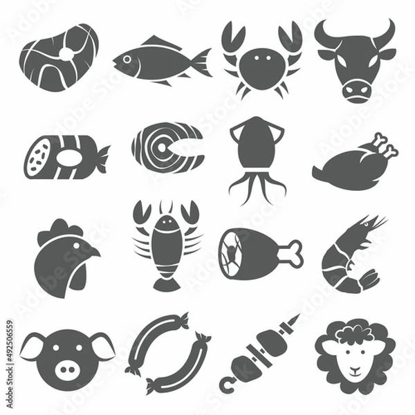 Obraz Meat and Seafood Icons set on white background