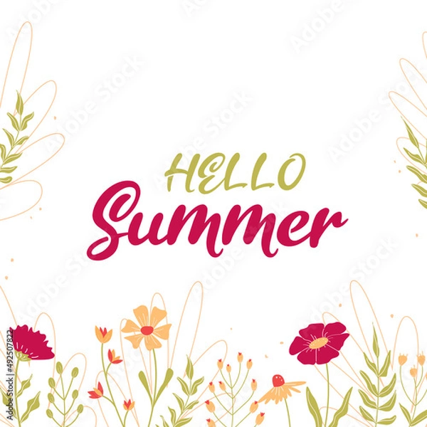 Fototapeta Hello spring. Banner with green and pink flowers