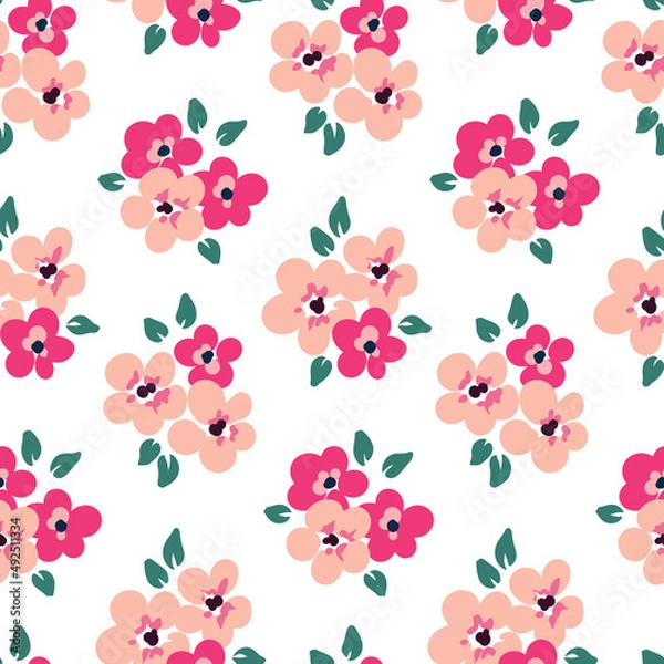 Fototapeta Seamless pattern with small bouquets, flowers, leaves isolated on a white background. Charming floral print with pink flowers. Cute wedding background, botanical texture with hand drawn plants. Vector
