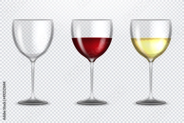 Fototapeta Set transparent vector wine glasses empty, with white and red wine on transparent background. Alcoholic drink. White and red wine. Vector illustration