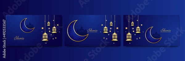 Fototapeta Set of realistic 3D Ramadan Kareem background. Blue gold moon and abstract luxury islamic elements background