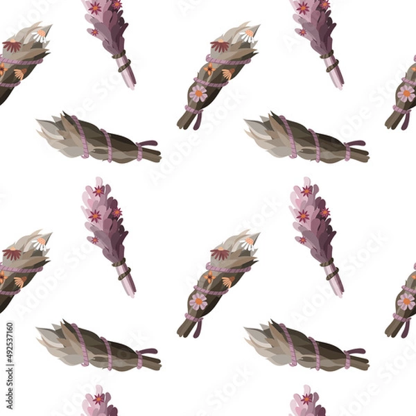 Obraz Seamless pattern with herbal smudge sticks and flowers