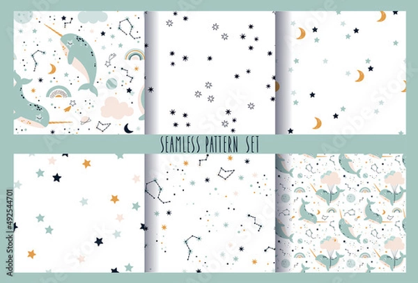 Obraz Seamless pattern set with narwhals in space