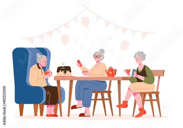 Obraz An elderly grandmother celebrates her birthday with family or friends. An elderly woman blows out a candle on a cake. Vector illustration.