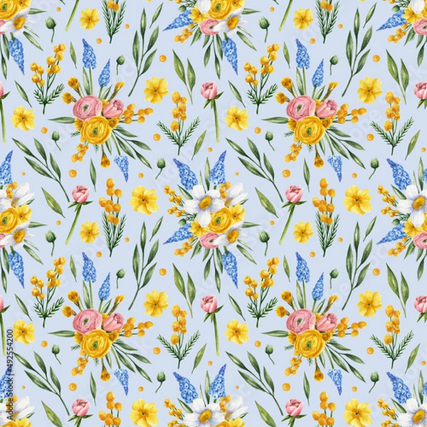 Fototapeta Spring flowers watercolor pattern