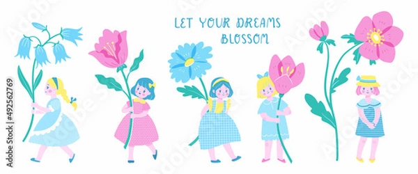Obraz Set of five cute girls holding big spring flowers. Vector illustration of children with flowers in colorful retro style. Isolated elements on white background.