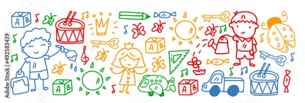 Obraz Creativity and imagination. Vector icons with school items.