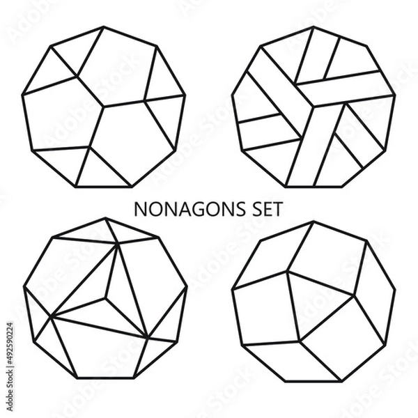 Fototapeta Set of nonagon shaped icons with line art 3d effect designs in black outline on a white background
