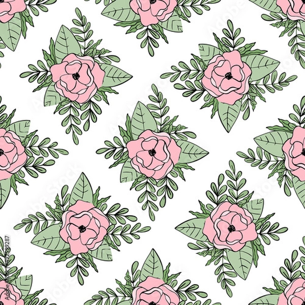 Fototapeta Seamless vector pattern with pale pink magnolia flower and various green leaves on a white background.
