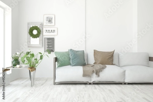 Fototapeta White living room with sofa. Scandinavian interior design. 3D illustration