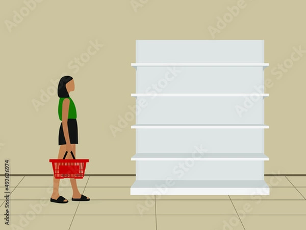 Obraz Young female character with empty grocery basket in hand stands near empty shelves