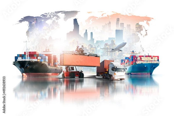 Fototapeta Global business logistics import export of containers cargo freight ship, container handler, truck and cargo airplane on world map city background with copy space, transportation industry concept