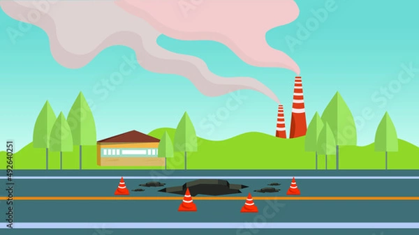 Fototapeta Old broken road with pits and cracks in asphalt and concrete fencing, Metallurgy Factory, polluted air