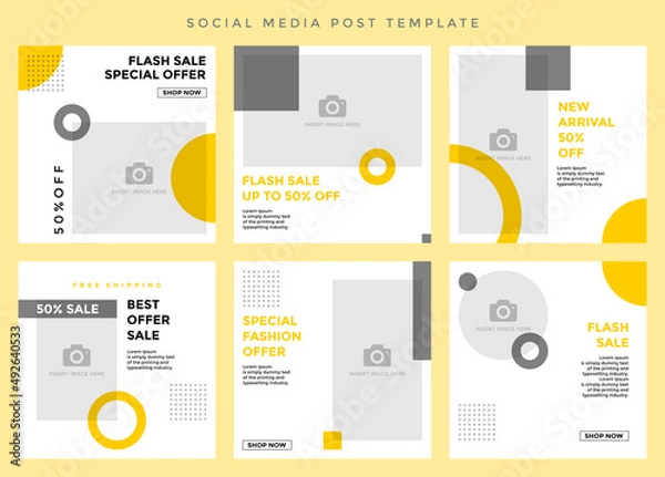 Fototapeta Social media post template. Six editable page or banner, fit for all sale promotion, clean modern minimalist concept with dark yellow and grey color theme.