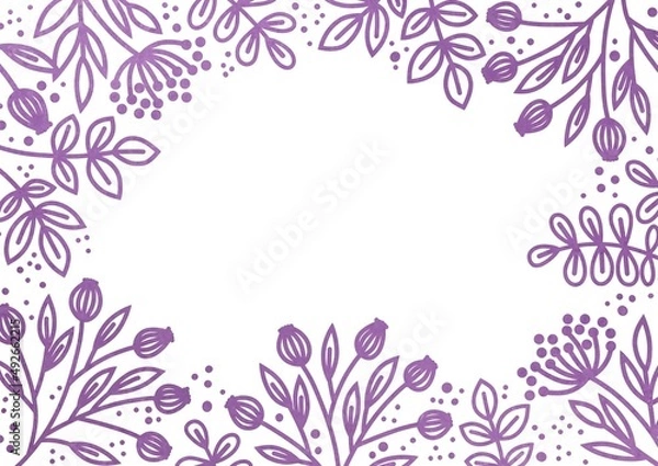 Obraz Leaves, flowers and twigs on a purple violet white background. Plant frame with floral design. Space for text and graphic design. Festive background with a pattern of twigs.