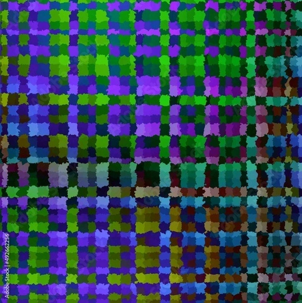 Obraz Lilac blue green old vintage checkered background with blur, gradient and grunge texture. Classic checkered geometric pattern. Checkered texture. Ornament from colored square elements. 