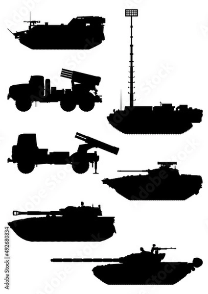 Obraz Artillery silhouette vector icons set. Multiple launch rocket system and electronic warfare complex. MLRS. Vector EPS10.