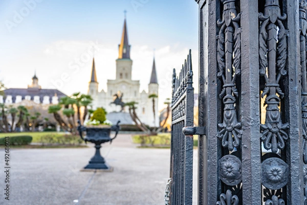 Obraz Close up of the antique, historical iron gate at the entrance to Jackson Square in New Orleans.