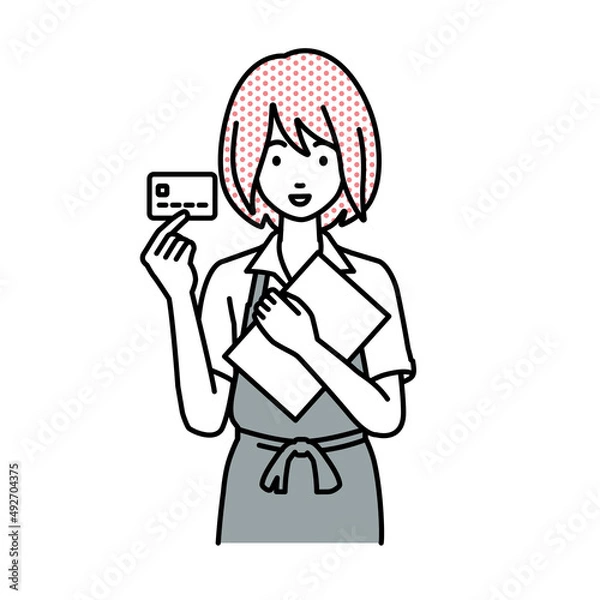 Fototapeta 立って書類とカードを手に持つ店員の女性