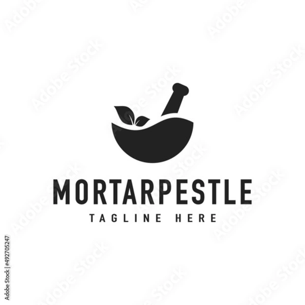 Obraz Vintage Mortar Pestle Leaf Bowl Hipster Logo Vector Design Inspiration
