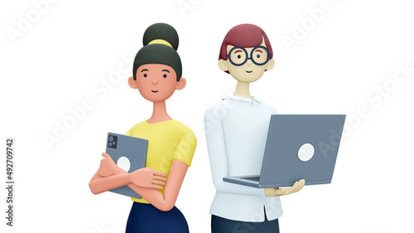 Obraz 3D illustration of cute smiling people with laptop, isolated on white background. Cartoon falling relaxing businessman, freelancer using social networks, online working. Workplace concept.