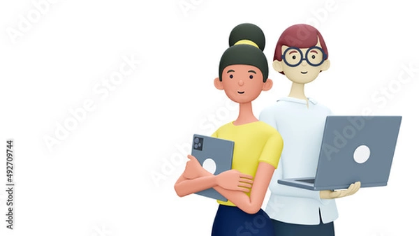 Obraz 3D illustration of cute smiling people with laptop, isolated on white background. Cartoon falling relaxing businessman, freelancer using social networks, online working. Workplace concept.